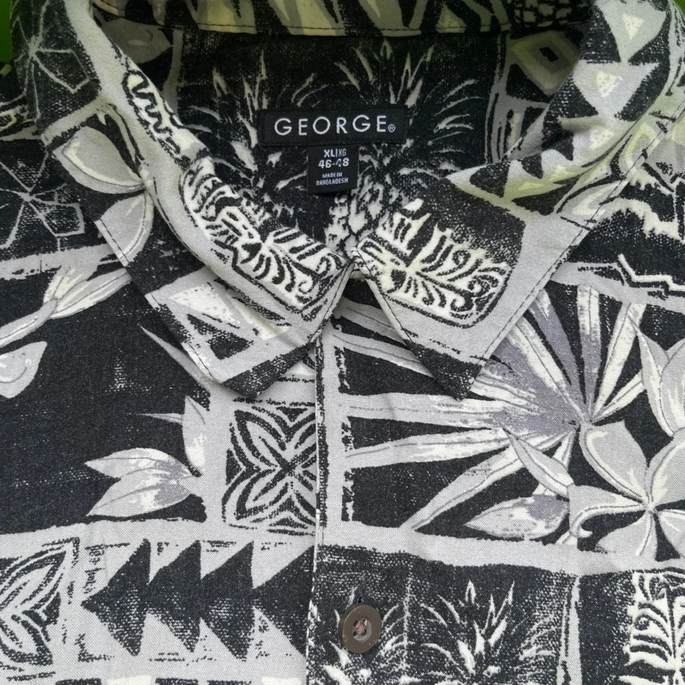 GEORGE Mens XL‎ Vtg Black White Tropical Tiki Aloha Hawaiian Shirt